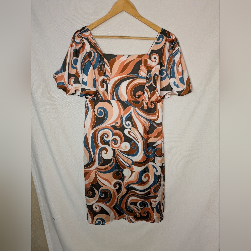 Emily Wonder Retro Geometric Swirl Print Short Sleeve Lined Dress Sz M 70s